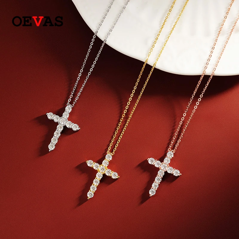 OEVAS 100% 925 Sterling Silver Real 0.1CT moissanite Sparkling Cross Pendnat Necklaces For Women Party Fine Jewelry Wholesale