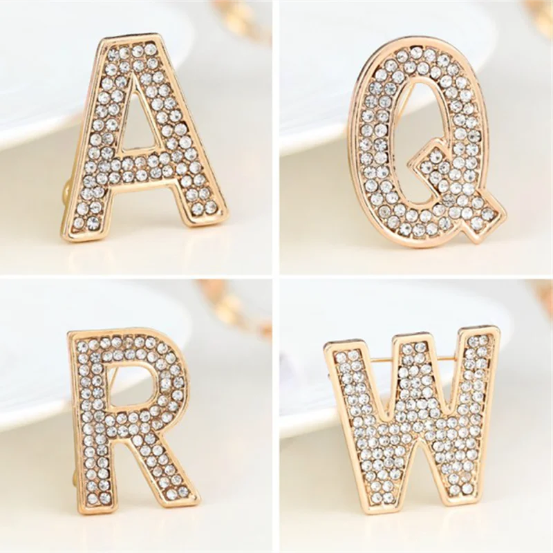 Crystal English Letter Word Brooches Initial A to Z 26 Letters Pin Fashion Woman Men's Suit Collar Lapel Brooch Party Jewelry