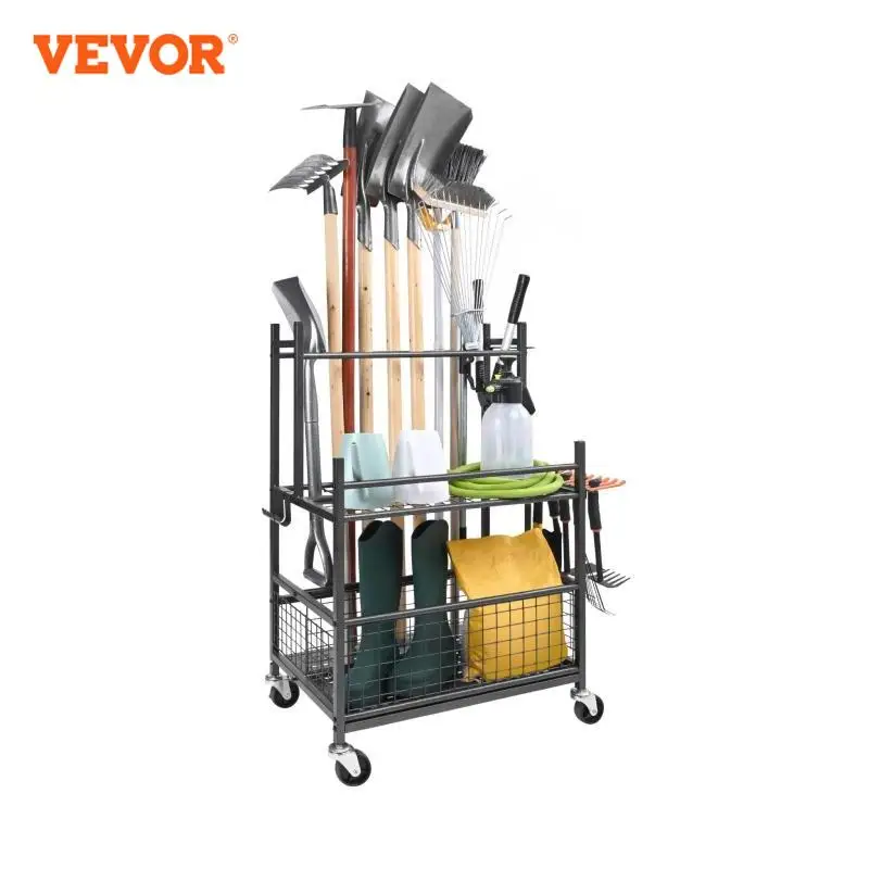 VEVOR 16 Slots Garden Tool Organizer Yard Tool Tower Rack with Hooks Wheels Long-Handled Rake Stand Holder for Garage Storage