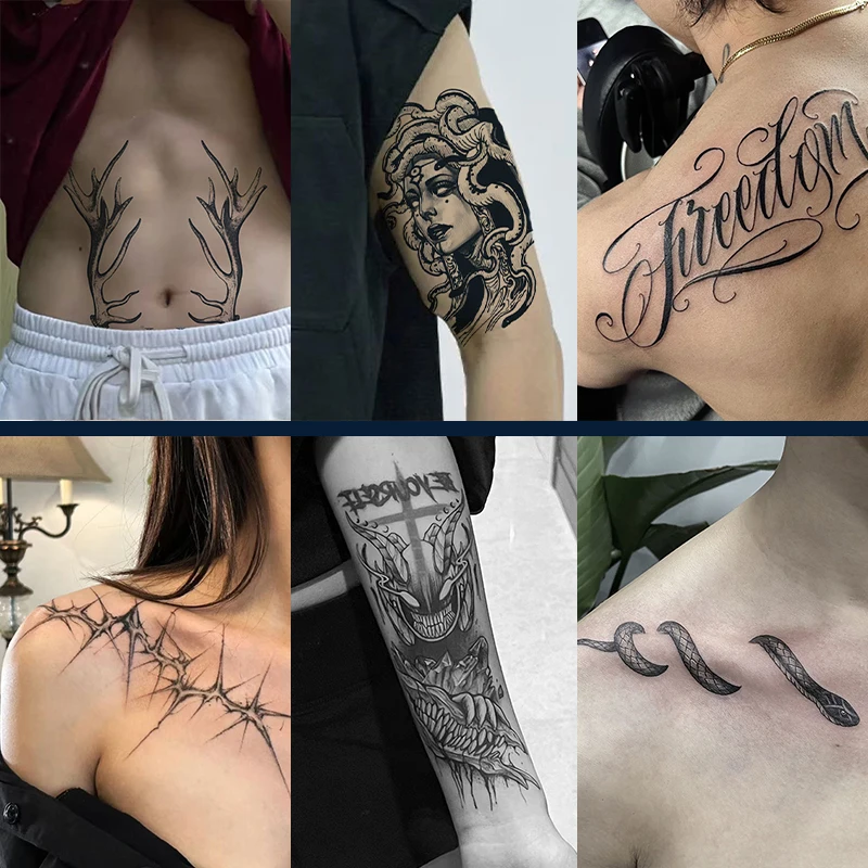 

6 Large Herbal Tattoo Stickers, Including 1 with Deer Antler Elements, 2 with Collarbone Elements, 1 with Anime Elements, 1 with English Elements, and 1 with Medusa Elements, Lasting for 7-15 Days, Waterproof and Friction-Resistant, with Realistic Effects