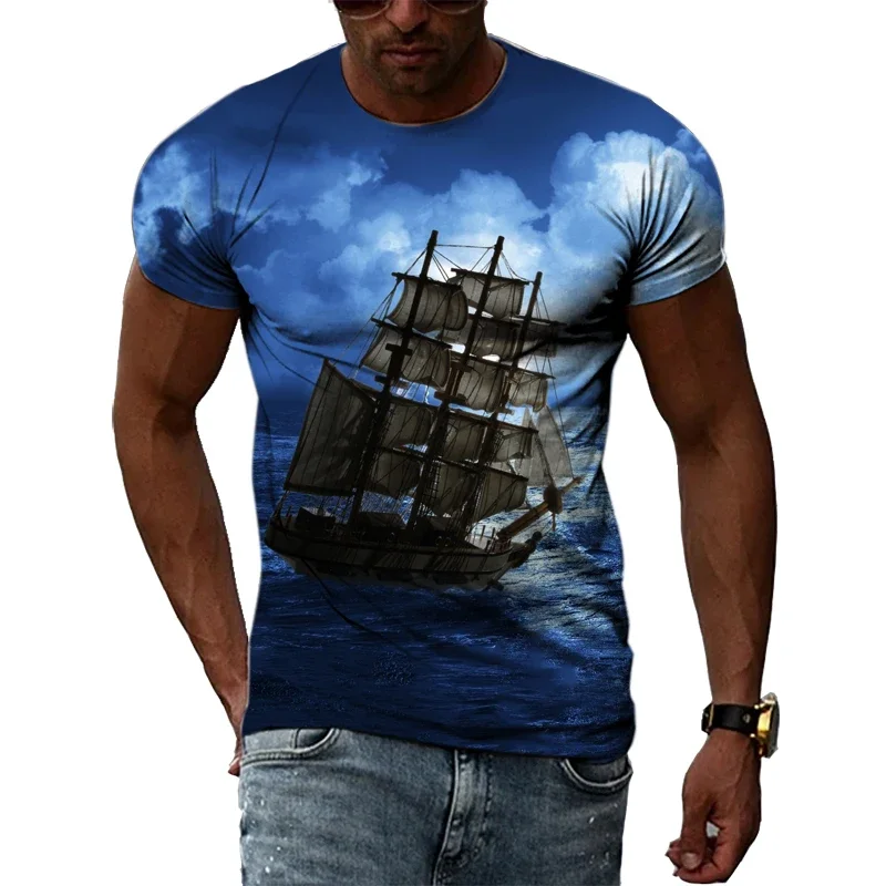 

Summer Sea Sailing Pattern T-shirt For Men's Casual Personality 3d Printing O-neck Children's Short Sleeve Street Wear Thin Top