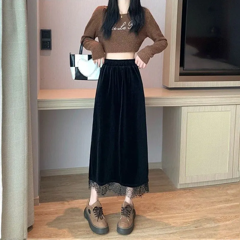 Jupes mi-longues en velours Vintage en dentelle Patchwork pour femme, vêtements trapèze élastiques, couleur unie, mode basique, fendue, automne hiver