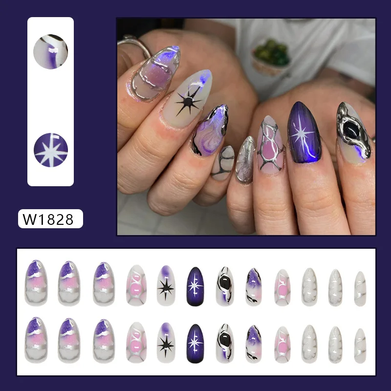 24 個入りミディアムアーモンドプレスオンネイル - エッジの効いたグリッタースタイルのギャラクティックストライプデザイン |   女の子向け