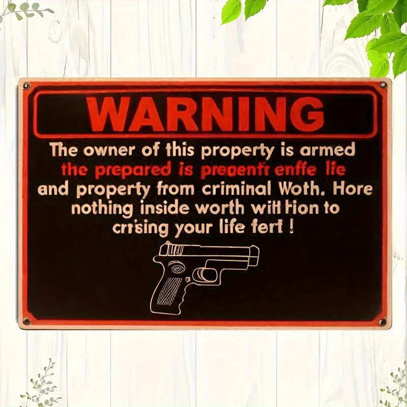 Armed Property Owner Warning Sign - Heavy-Duty Metal Plaque with Gun Graphic, Vintage Security Decoration - Weatherproof & Rust