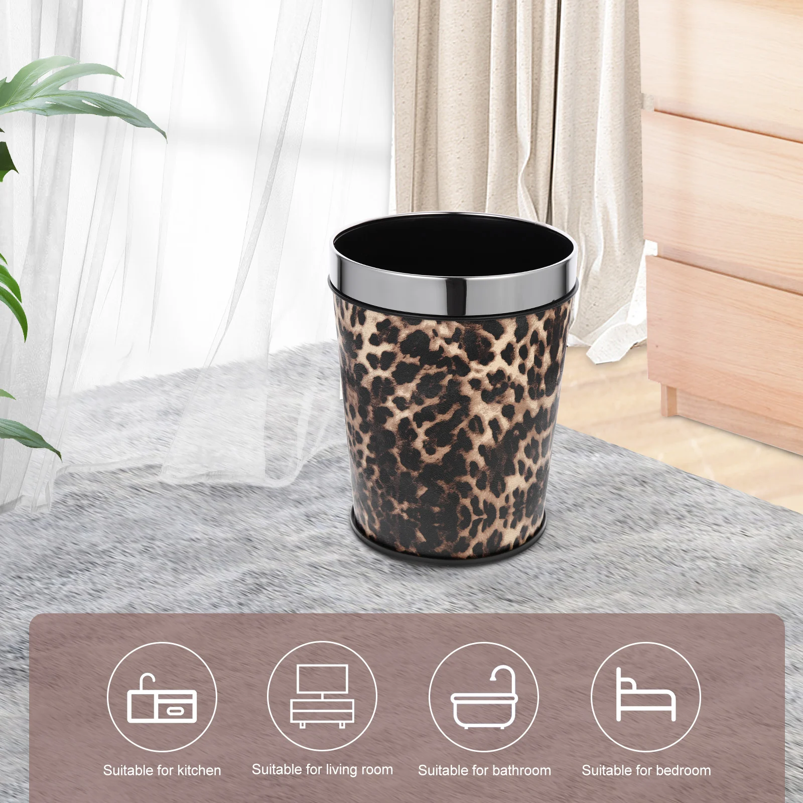 

Stainless Steel Trash Can 5L Leopard Retro Bathroom Garbage Waste Paper Bucket Home Supply Thick Large Diameter