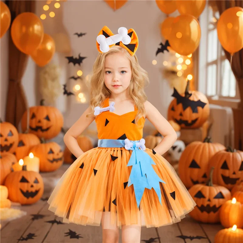 

Toddler Caveman Costume Girls Halloween Dog Bones Historical Cavegirl Tulle Dress Dance Party Costumes Headband Cosplay