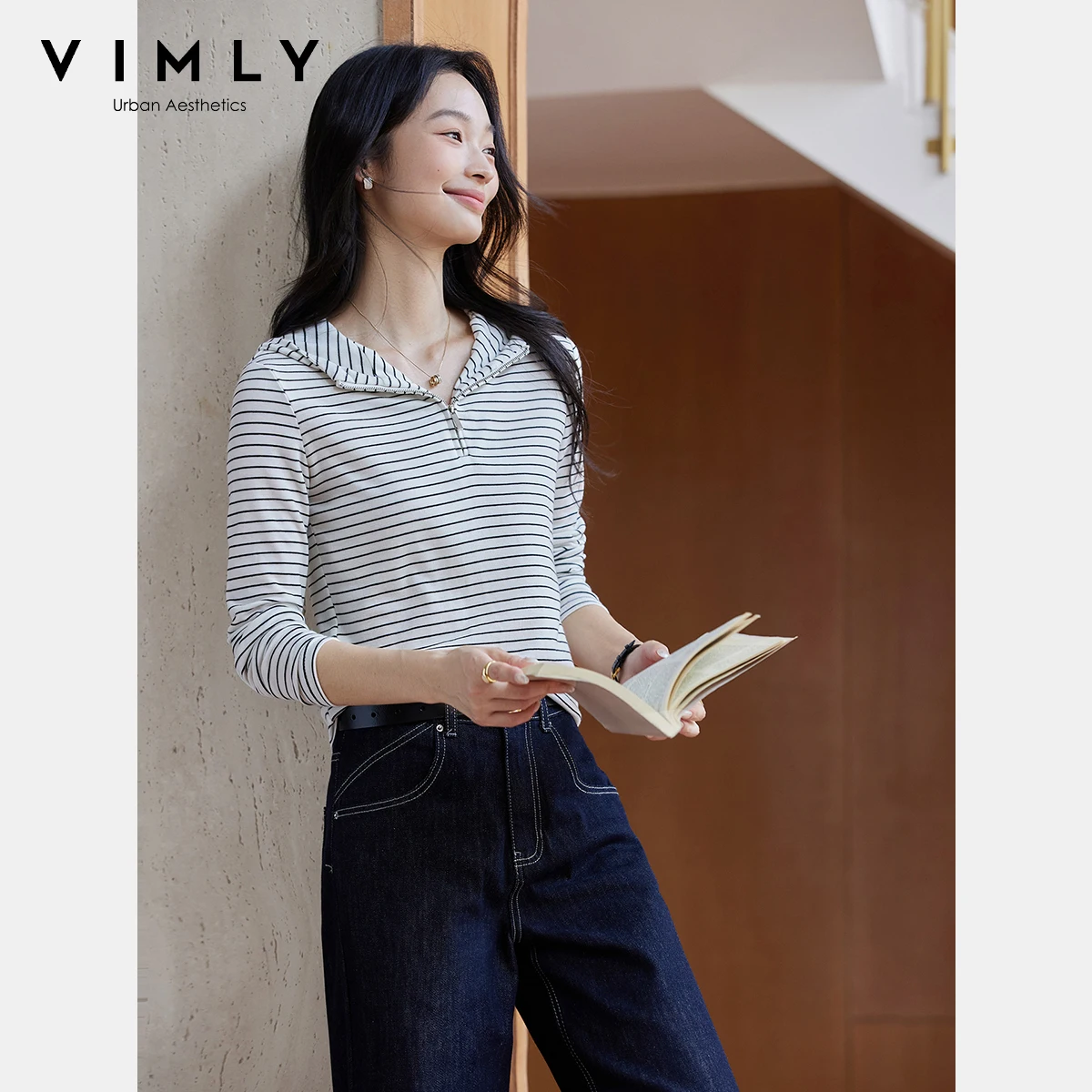 

VIMLY T-shirts Woman Black Striped Long Sleeve Hooded Ladies Tees Casual Autumn 2025 Slim Fit Knitted Strecth Top Femme A2122