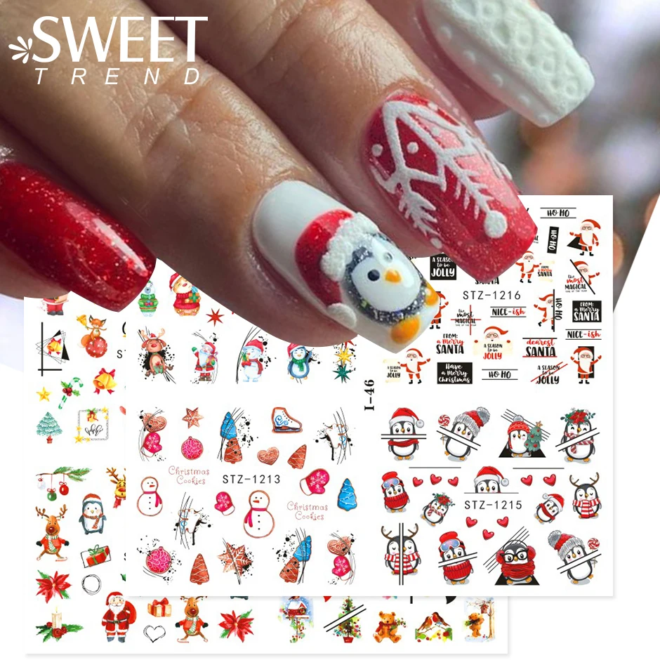 

Cute Christmas Stickers Red Santa Claus Penguin Winter Manicure 4 in 1 Xmas Snowflake Leaf Water Nail Decals Tattoo DIY Decor