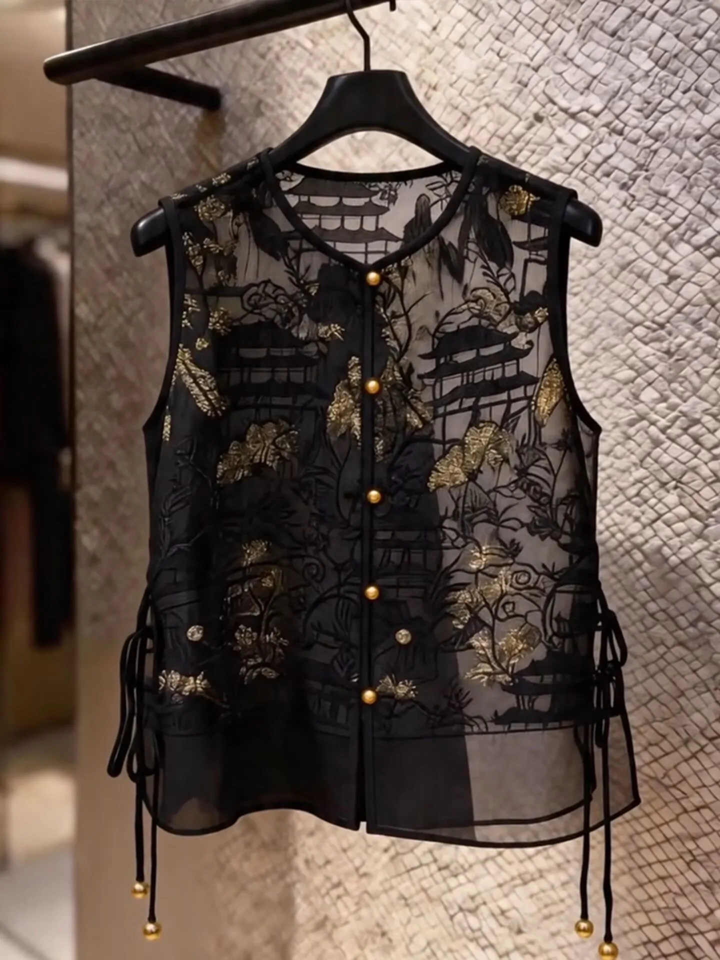 Womens Embroidered Vest Lace up Organza Waistcoat