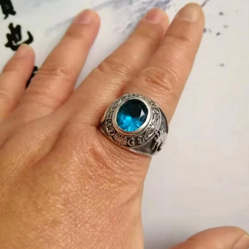BOCAI New S925 Silver Jewelry Vintage Blue Crystal Factory Direct Totem Domineering Fashion Man Ring  Wholesale