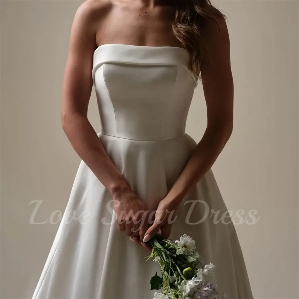 Elegante Cetim A Linha Vestido De Noiva Simples Strapless Vestidos De Noiva Para Casamento Longo Plissado Vestidos De Noiva Customsized Plus