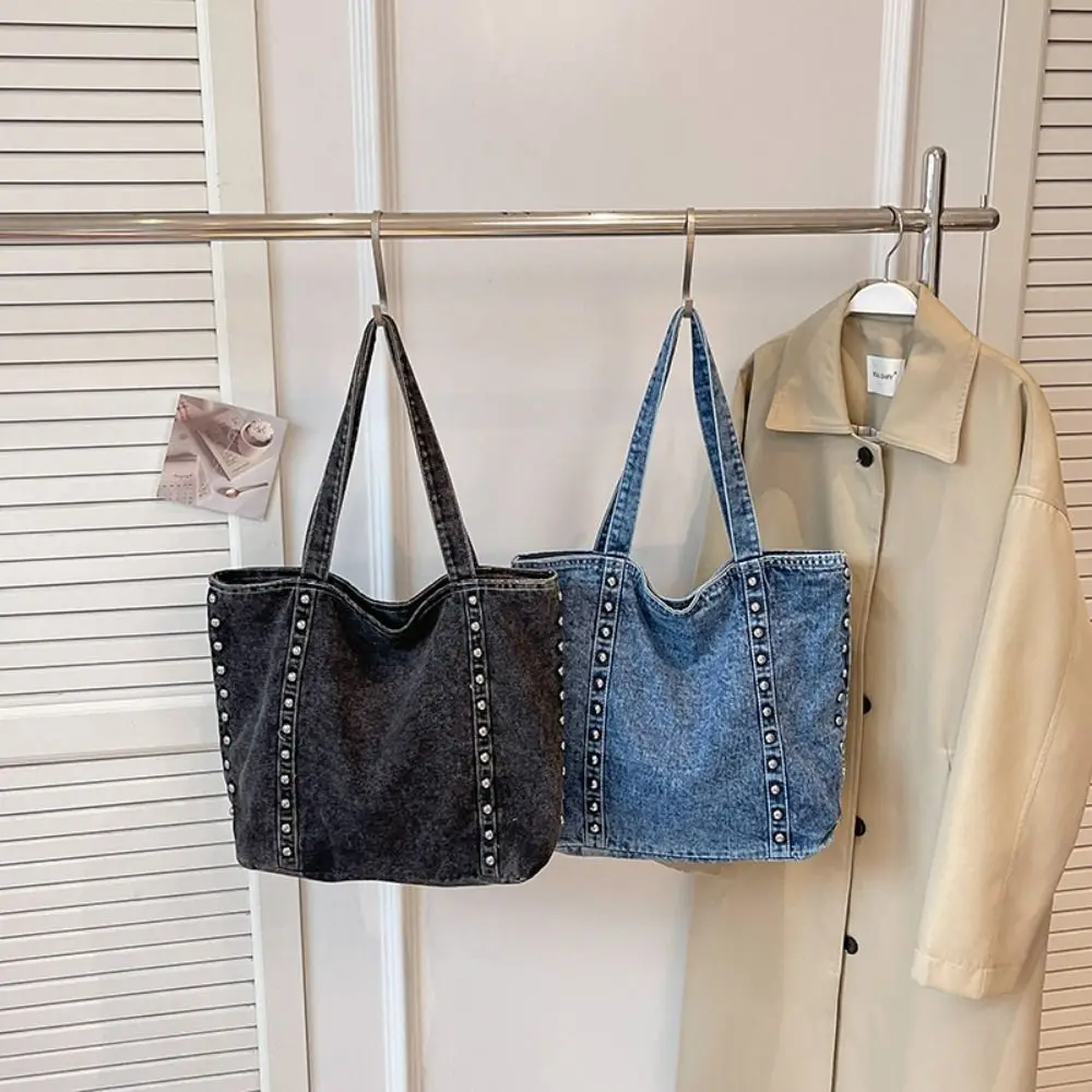 Fashion Korean Style Rivet Denim Shoulder Bag Zipper Simple Underarm Packs Large Capacity Retro Canvas Tote Bag Travel