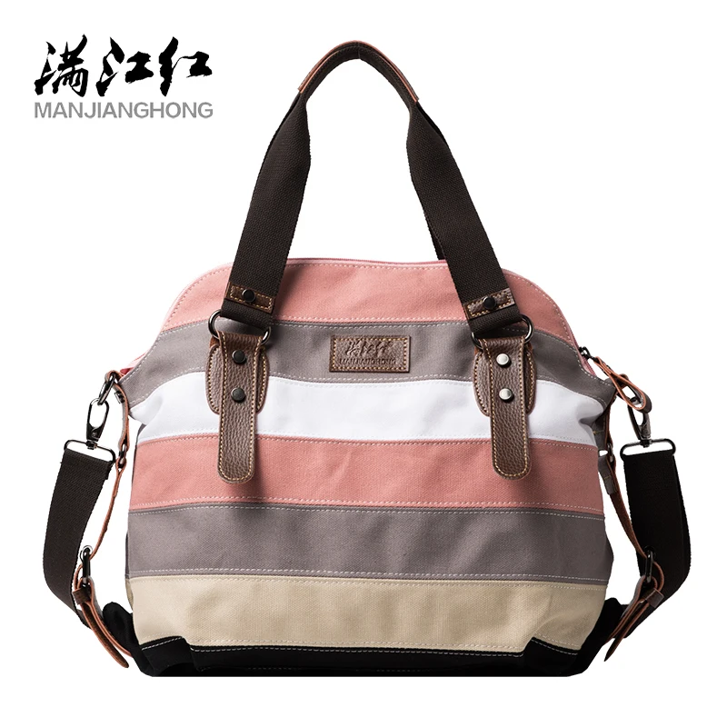 Pink Gray White Khaki Stripe Patchwork Canvas Women Handbags Fashion Leisure Large Totes Bags Summer Travel Ladies Shoulder Bags