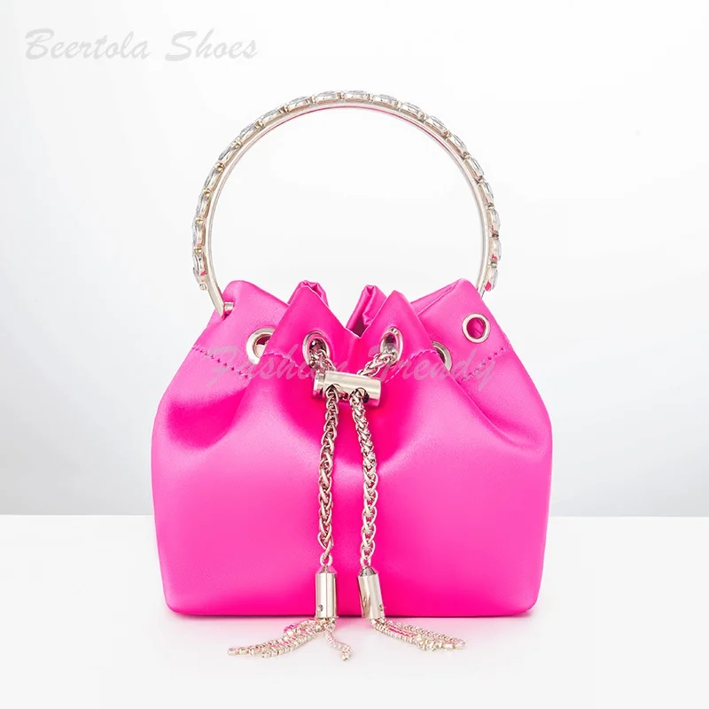 Women Fuchsia Evening Bag Crystal Ring Tote Silk Satin Luxury Mini Bag Silver Diamond Rose Red Colorful Glitter Dress Party Bag