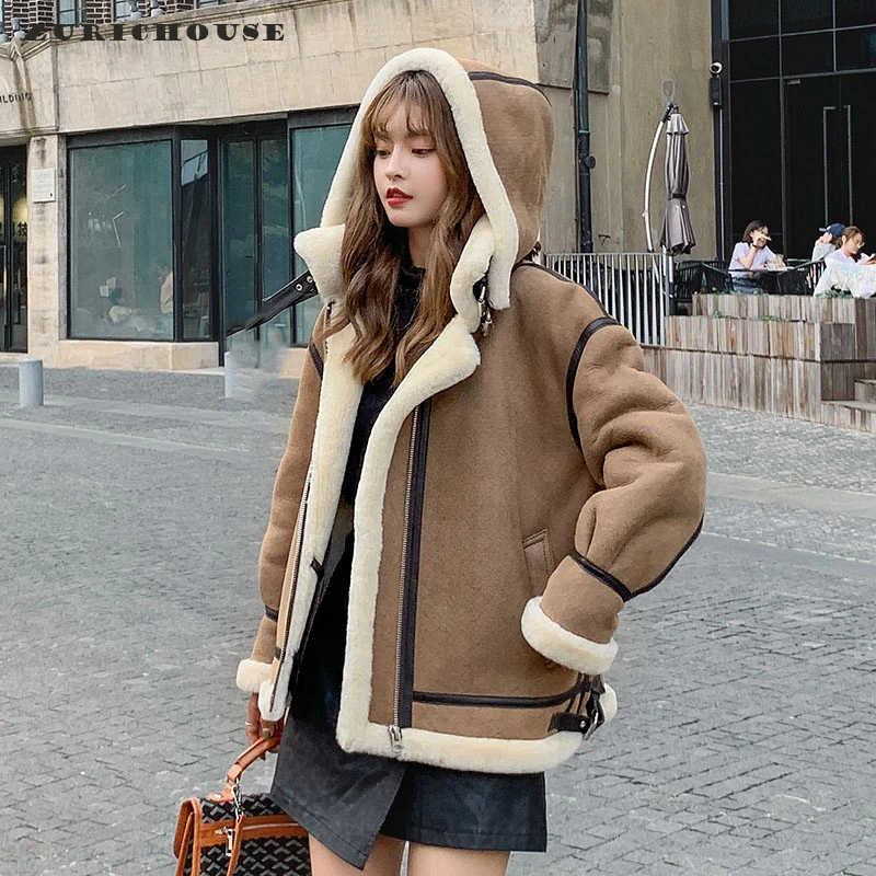 ZURICHOUSE Winter Lambswool Jacket Women Removable Hooded Real Fur Coat 2024 Fashion High Quality Genuine Leather Jacket