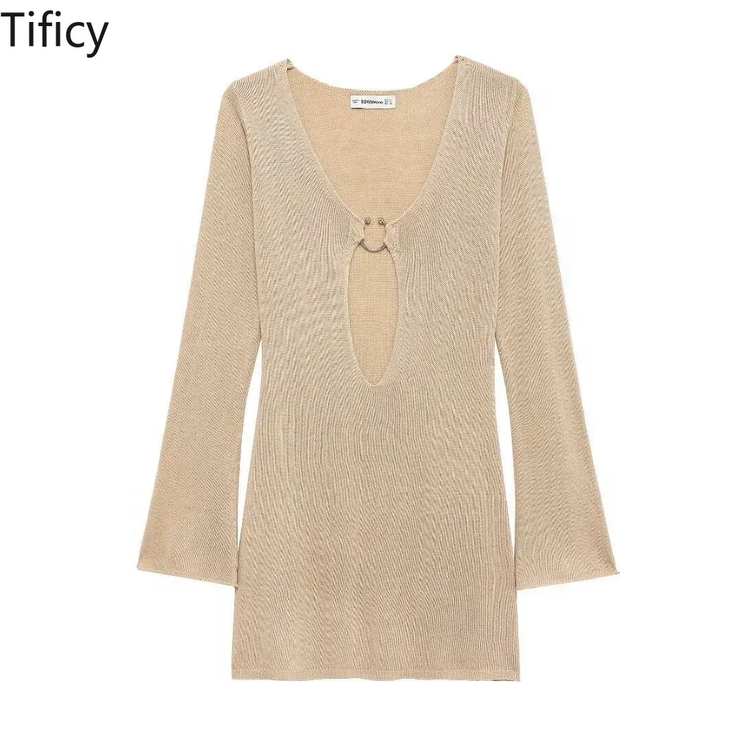 TIFICY Fashion Women's New V-neck Solid Color Hollow Knitted Ring Decoration Long Sleeved Dress Short Dresses