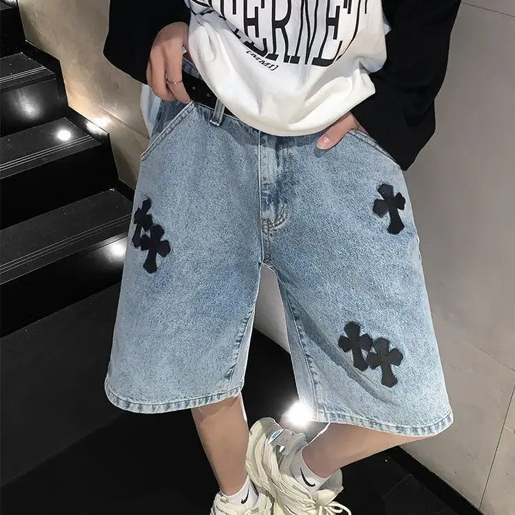 Pantaloncini di jeans con stampa incrociata americana pantaloni larghi estivi da uomo sottili in stile Hong Kong alla moda di marca retrò casual mid-pants y2k top