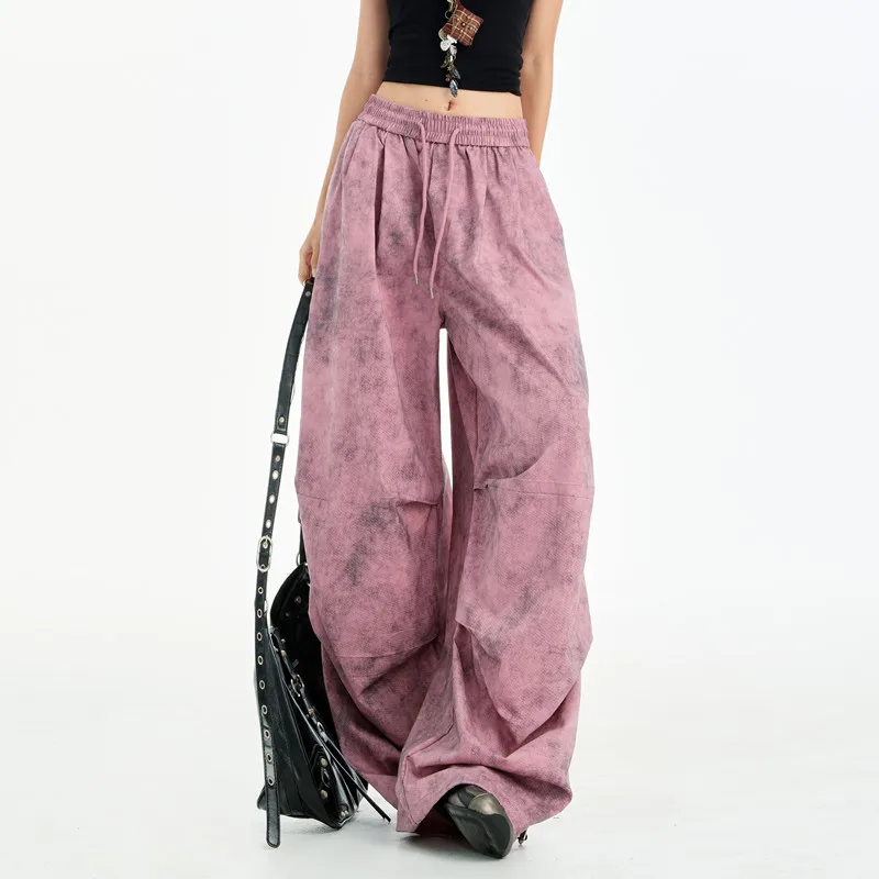 

American Retro Tie Dye Elastic Waist Wide Leg Pants Women Y2K Streetwear Casual Loose Baggy Trousers Palazos De Mujer Pantalón
