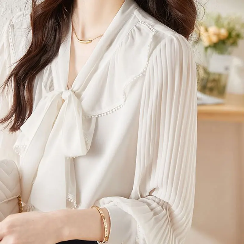 Office Lady Elegant Distressed Bow Blouse Fashion Scarf Collar Spring Korean Ruffles Patchwork Female Pleated Pearl Button Shirt