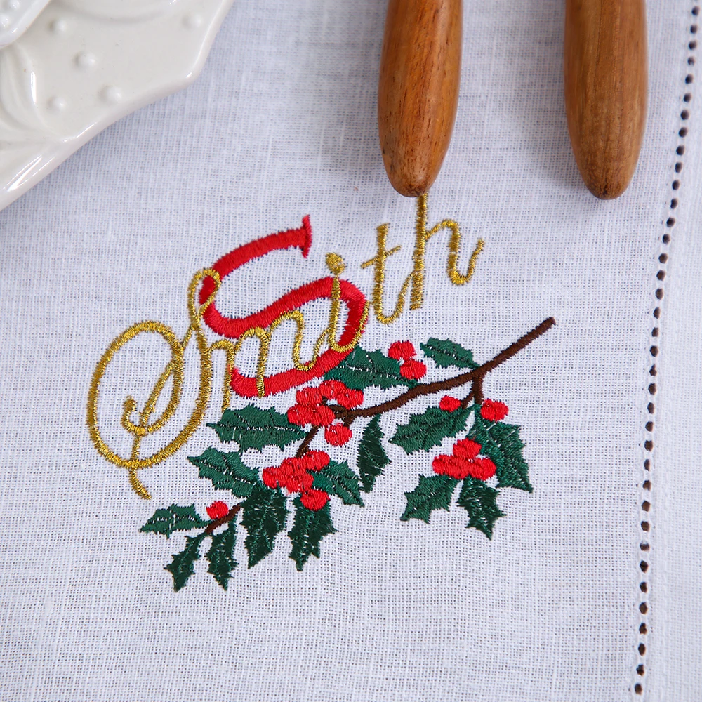 Boże Narodzenie Monogram i nazwa Familiy haftowana serwetka, podkładka, Hemstitch, bawełna + len, dekoracja stołu