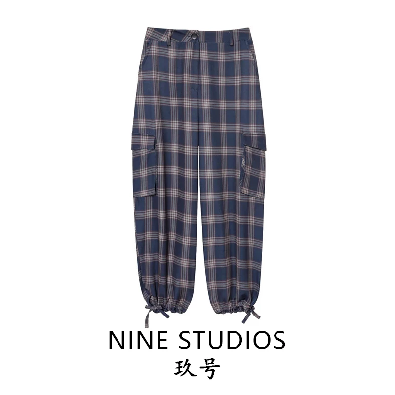 ハイウエストチェック柄ランタンワークパンツレディースストリートスレパンツ、ケット装飾付きルーズフィットロングパンツカジュアルウェア