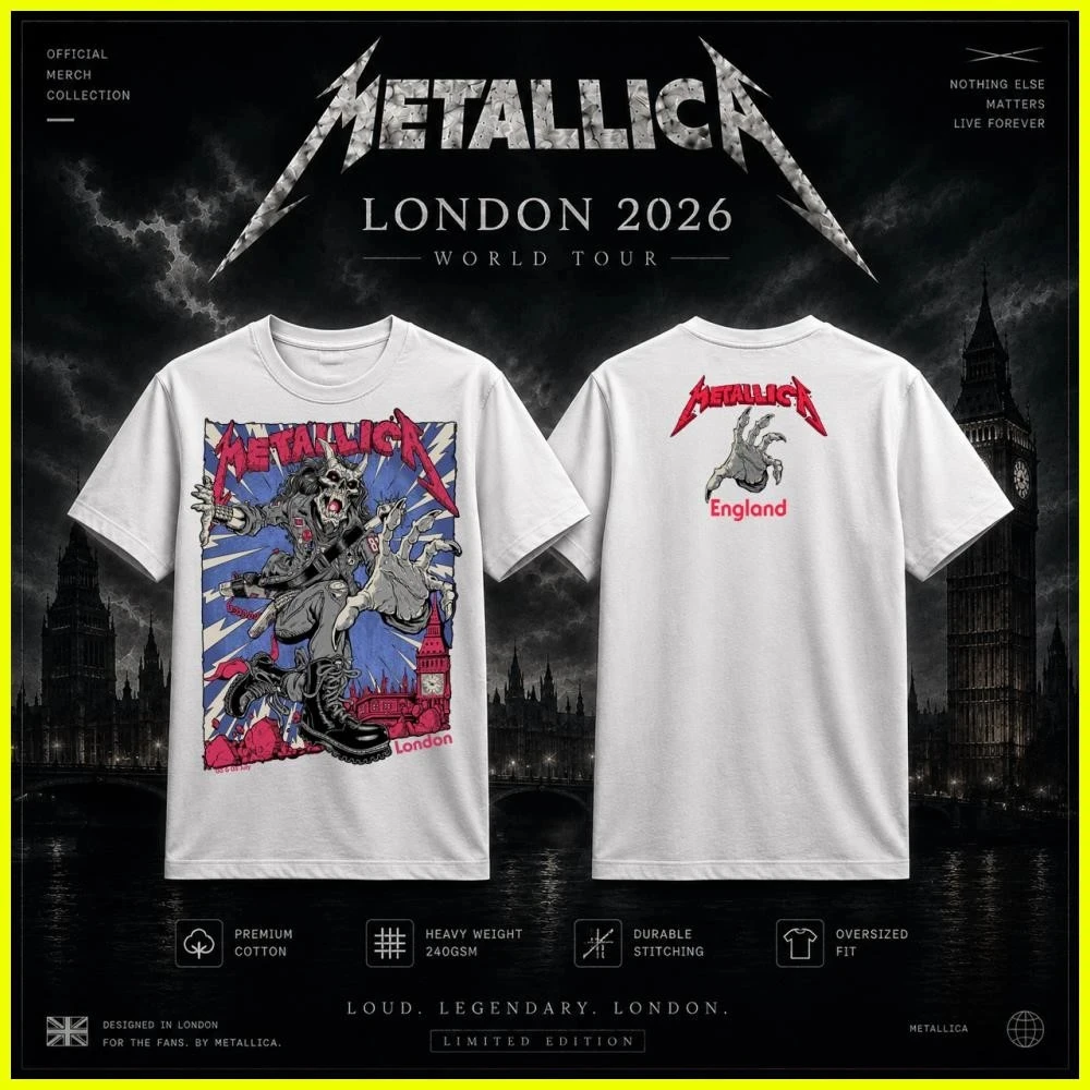 2026 Metallica London Tour Two Sides T-Shirt Heavy Metal Rock Band Graphic Tee Unisex Vintage Cotton Casual Streetwear Tshirt