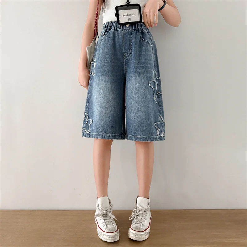 Newest Fashion Vintage Kids Children's Knee-Length Denim Shorts with Star for Teenage Girls Loose Casual Short Jeans Pants 5-14T