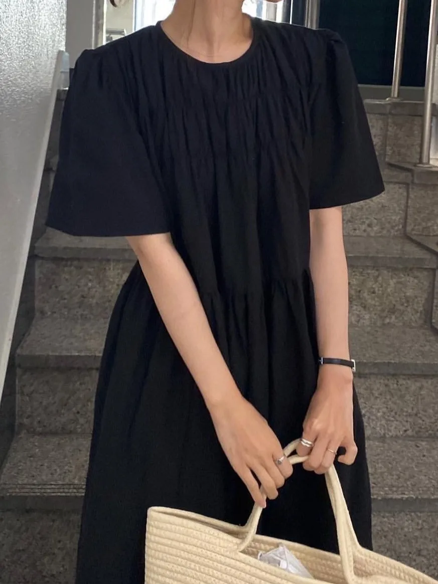 Robe bleue taille haute pour femmes, style coréen, ronde, plissée, amincissante, longue Dr, confortable, pour les déplacements, bulle Sve A-L...