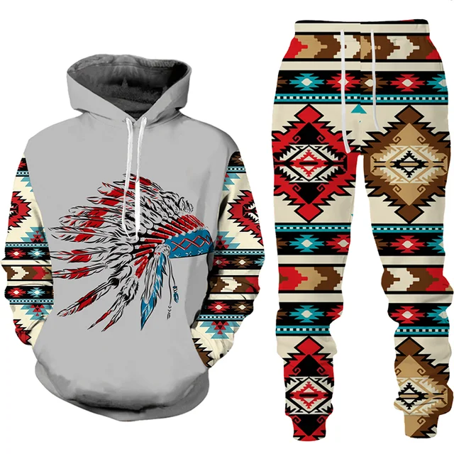 Men’s Hoodies Set Indian Style 3D Printed Man Tracksuit Sets Casual  Hoodie+Pants 2pcs Sets Oversized Autumn Retro Sweatshirt