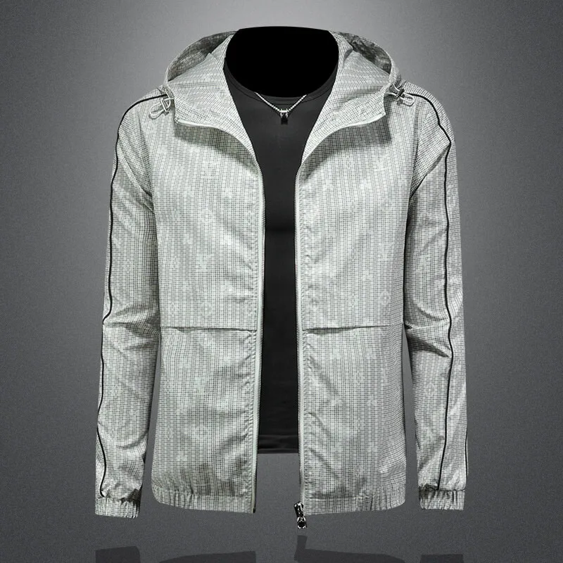 

Spring 2026 Men's Large Size Printed Hooded Jaet Thin Outerwear Casual Faion Polyester Long Sve Zipper Closure Streetwear