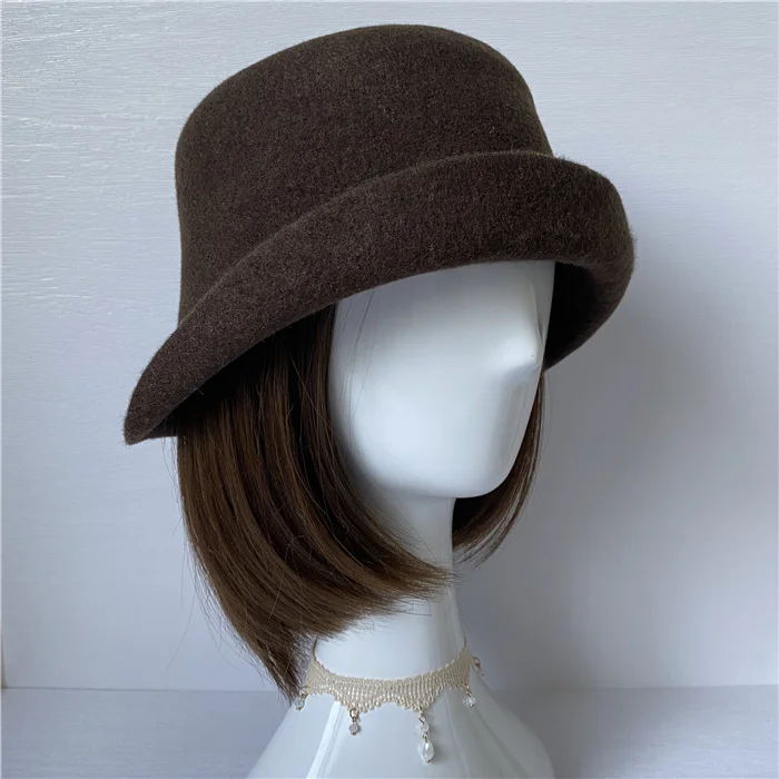 Autumn and Winter Australian Pure Woolen Japanese Black Brown Beige Short-brimmed Female Fisherman Hat Basin Hat