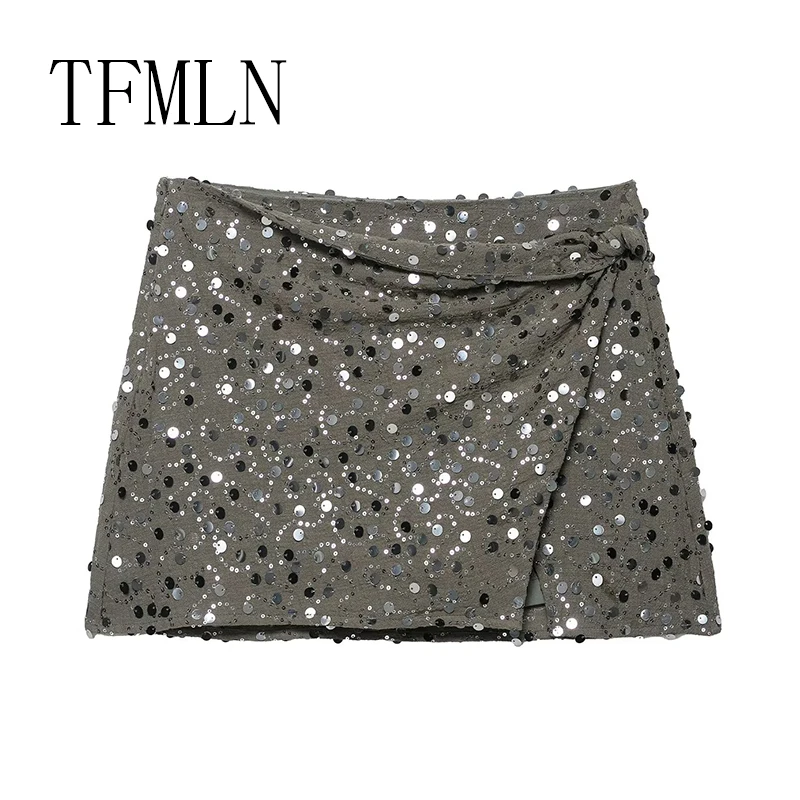 TFMLN Nuove Donne Con Paillettes Mini Gonna Femminile A Vita Alta Cerniera Irregolare A-line Gonne Chic Glitter Sexy Club Party Donna Abbigliamento