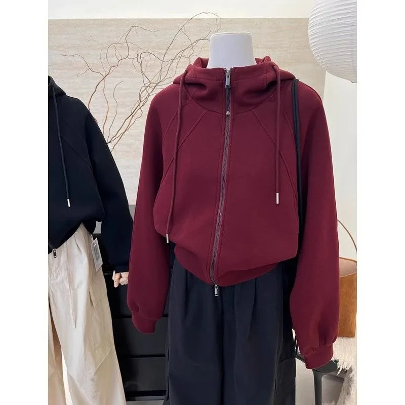 

Короткая толстовка с капюшоном в американском стиле ретро для женщин, свободный кардиган на молнии, топ