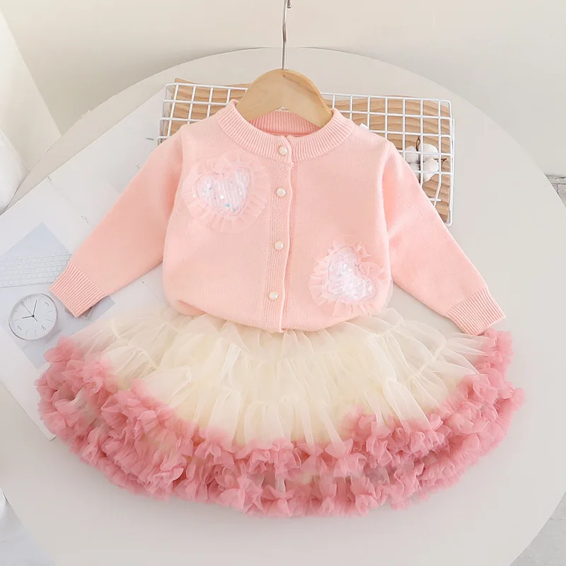 2-7 Y Girls Clothing Set Heart Style Knit Sweater Tulle Ball Gown Skirt Knit Suits Kids Outfit