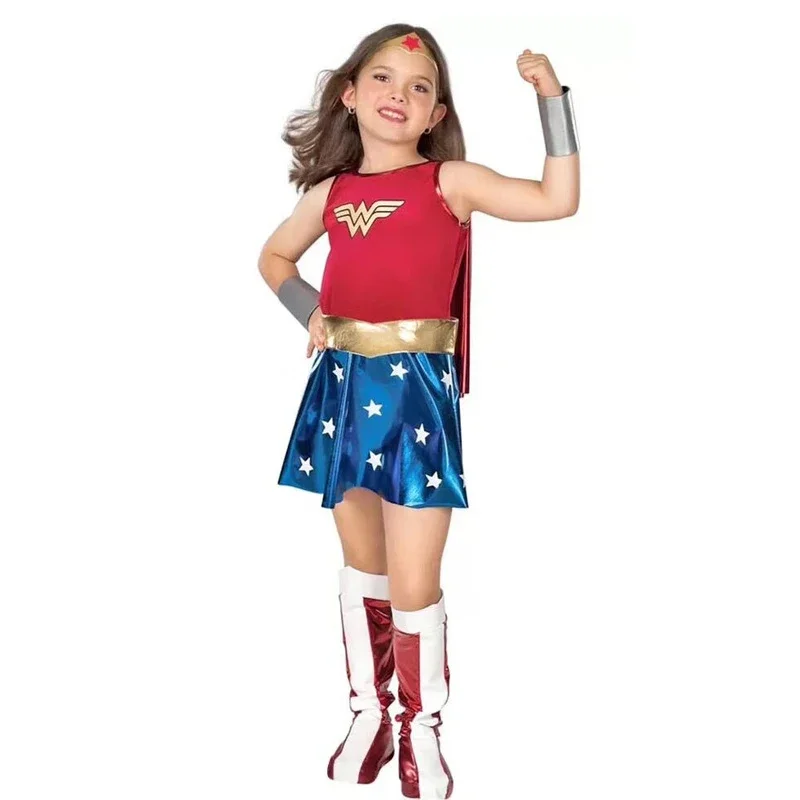 Deluxe child wonder tutu dress outfit toddler girls shirt superhero fancy dress with dressing Halloween costumes for kids uy9895