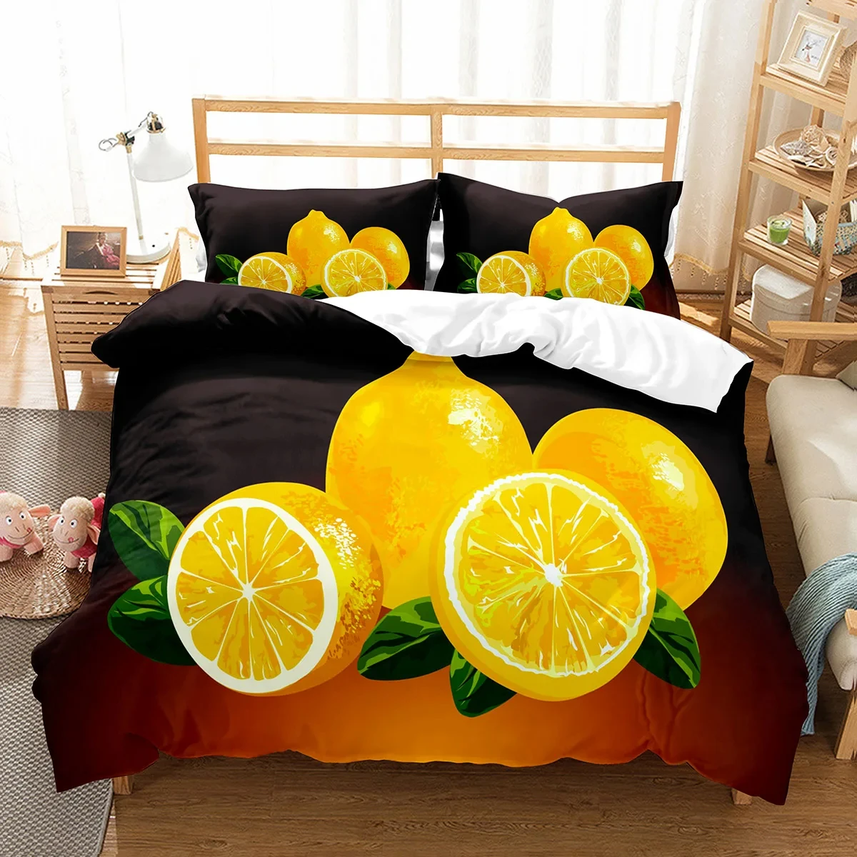Lemon Duvet Cover Cartoon Tropical Fruit Twin King Bedding Set Botanical Lemon Pattern Duvet Cover Set for Kids Girls Bedroom