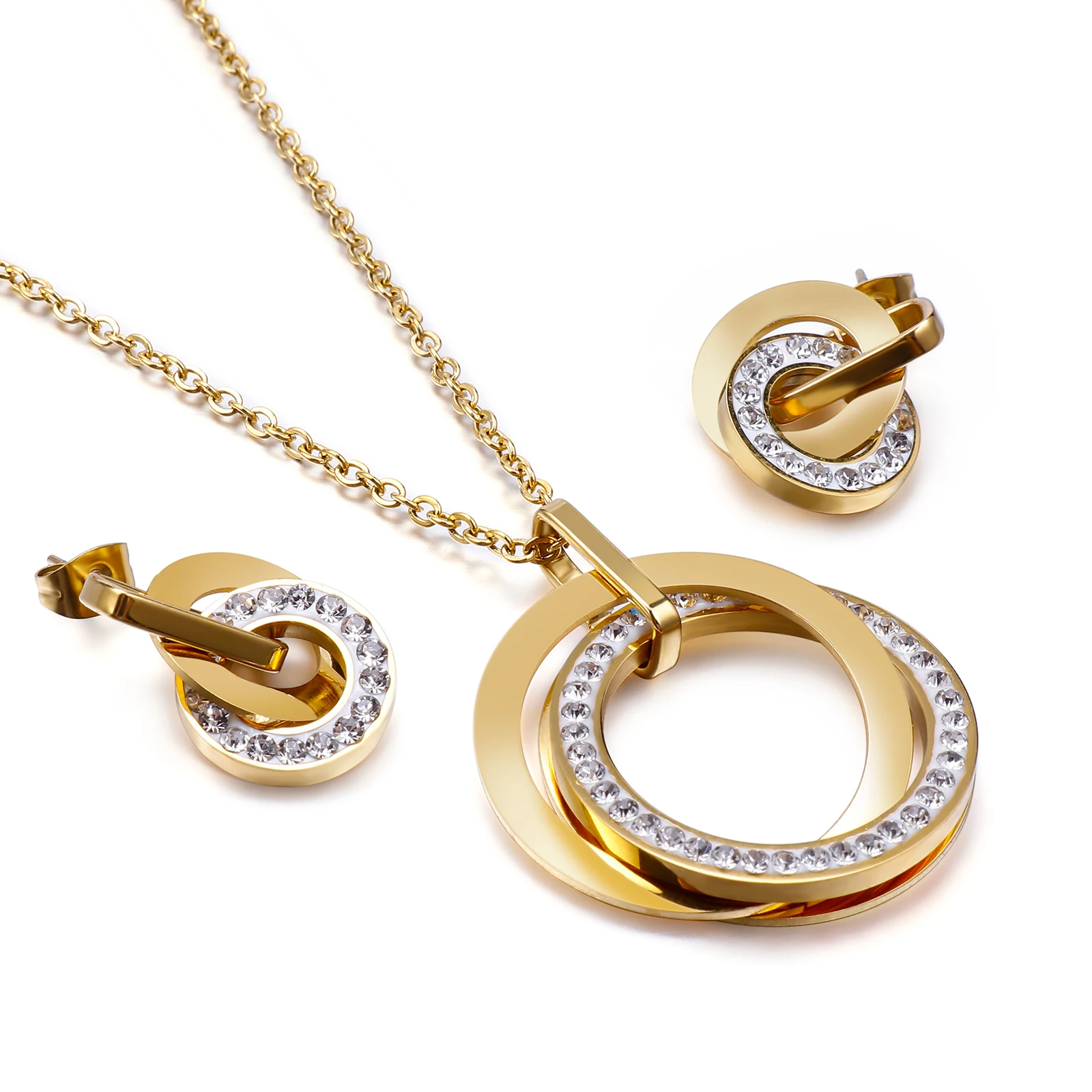 Stainless Steel Round Ring Jewelry Set Women Zircon Pendant Necklace Earrings Fashion Luxury Wedding Jewelry Accessories