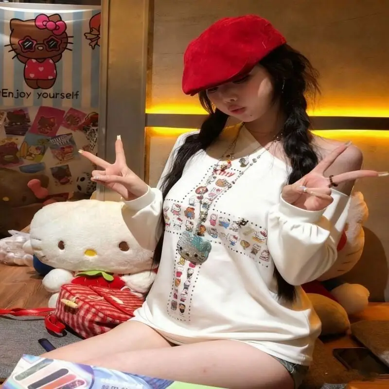 

Женская футболка Sanrio Hello Kitty с длинными рукавами и стразами, с открытыми плечами, для стильных девушек, высококачественная, красивая, с открытыми плечами