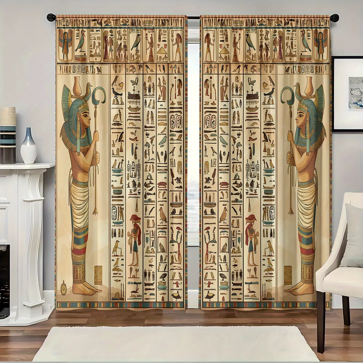 Egyptian God Curtains Hieroglyphics Art Print Window Drapes Ancient Egypt Theme Home Decor Living Room Bedroom Mythical Design
