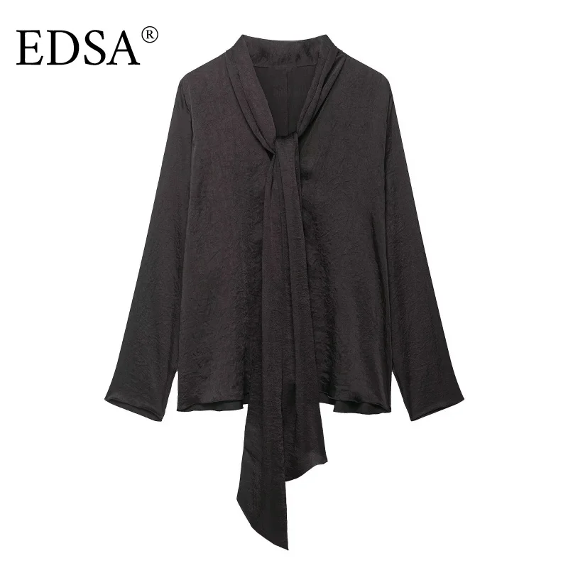 EDSA Women Coffee Scarf Collar Shirt with Bow Long Sleeves for Female Blouse Summer Autumn Tops