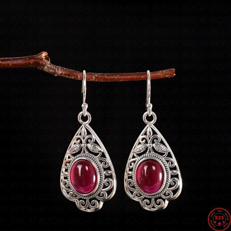 

S925 Sterling Silver Charms Drop Earrings for Women New Fashion Hollow Pattern Red Corundum Ear-drops Jewelry Free Shipping