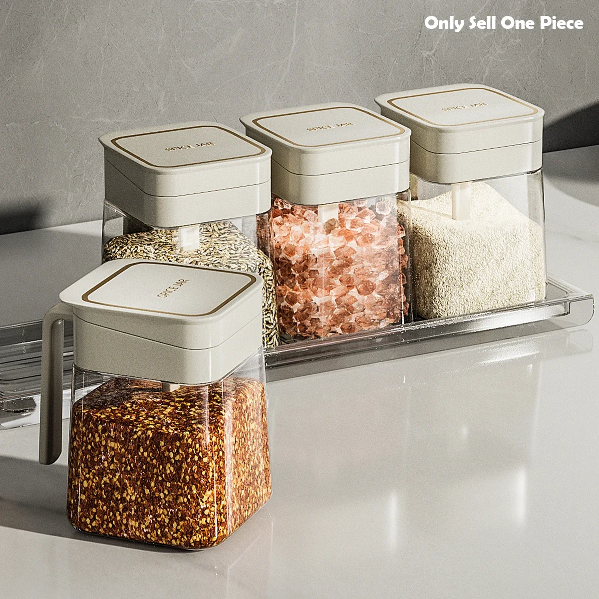 Spice Jar with Handle Press to Open Food-grade Lead-free Glass Sealed and Moisture-proof Kitchen Salt and Sugar Storage Jar