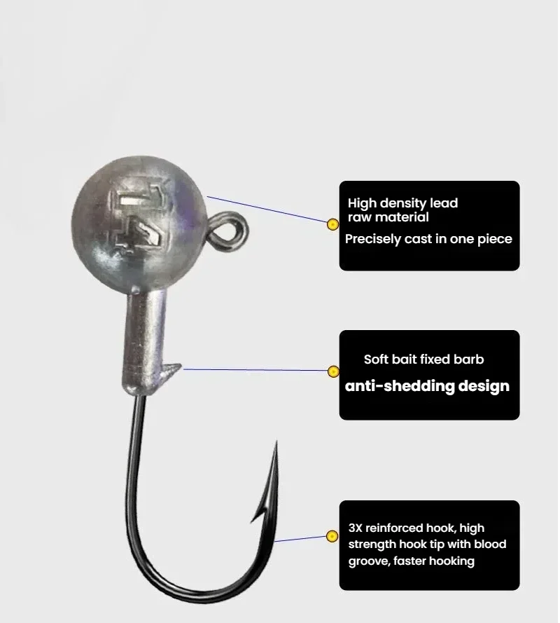 

Sharp Carbon Steel Barbed Jig Head Hooks 10pcs | 1g-3.5g Round Lead Head for Soft Worms and Plastic Lures