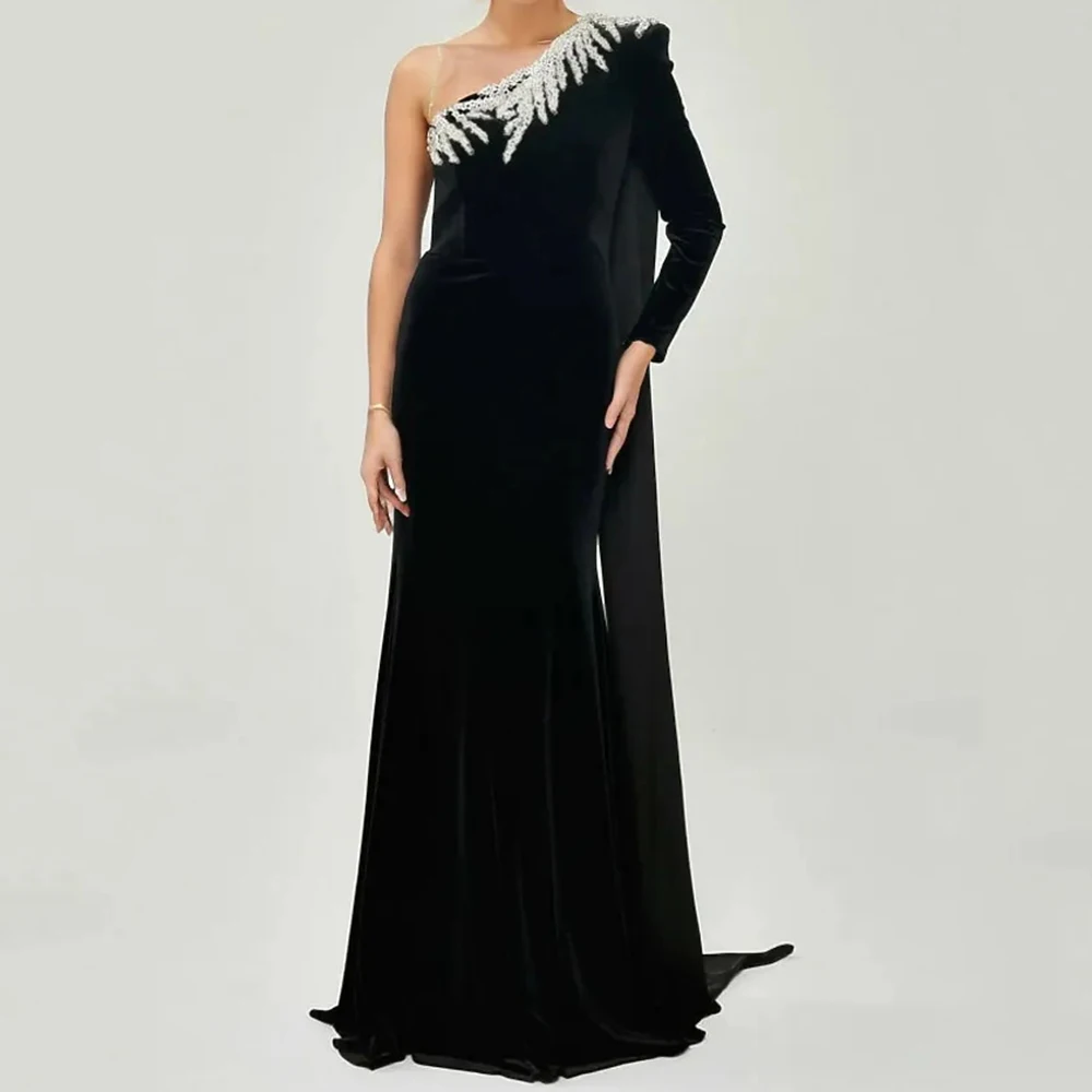 

Women's Mermaid Evening Dresses Floor-length One-shoulder Full Sleeve Prom Gown Fashion Beading Simple Draped Customized Gowns