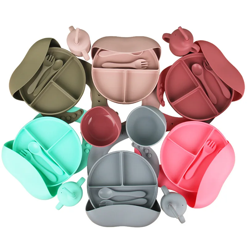 Conjunto de Utensílios de Mesa para Crianças Somenie, Produtos para Bebês, Tigela de Silicone, Garfo, Colher, Prato para Alimentação Complementar de Bebês, Grau Alimentício
