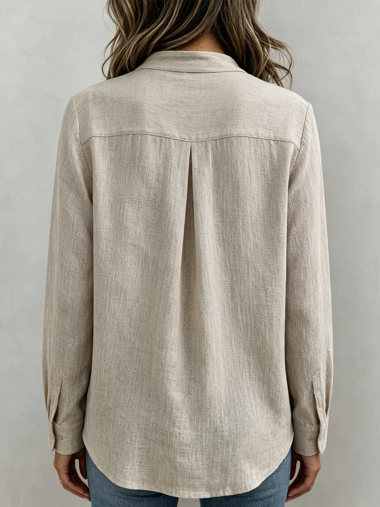 Women's Linen Blended Shirt, Loose Oversized Style, Breathable and Wrinkle-Resistant, Solid Color Khaki, Tie at the Neckline, V-Neck Long Sleeves, Ruffled Design. This Is a Linen Shirt Suitable for Daily Casual Wear and Office Casual Wear in Spring