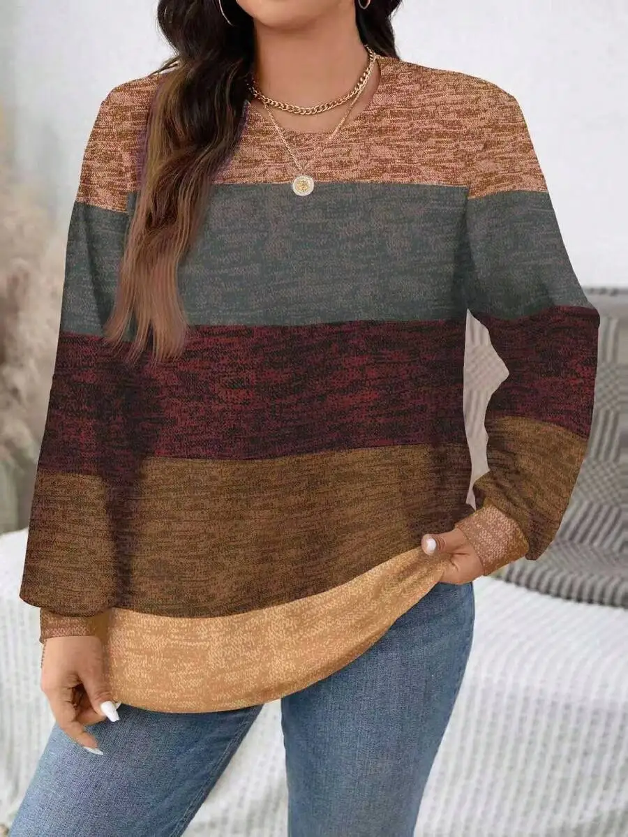 

Plus Size Stripe Print Casual Minimalist Round Neck Loose Sweatshirt Spring