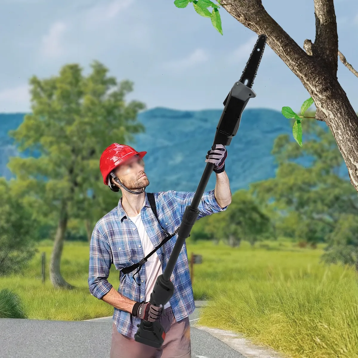 Electric Integrated High Reach Pole Saw, Lithium Battery Chain Saw, Cordless Telescopic Trimmer, 1.25m Long, Manganese Steel Chain, Alloy Blade, Ergonomic Handle, Garden Tree Branch Cutting Tool