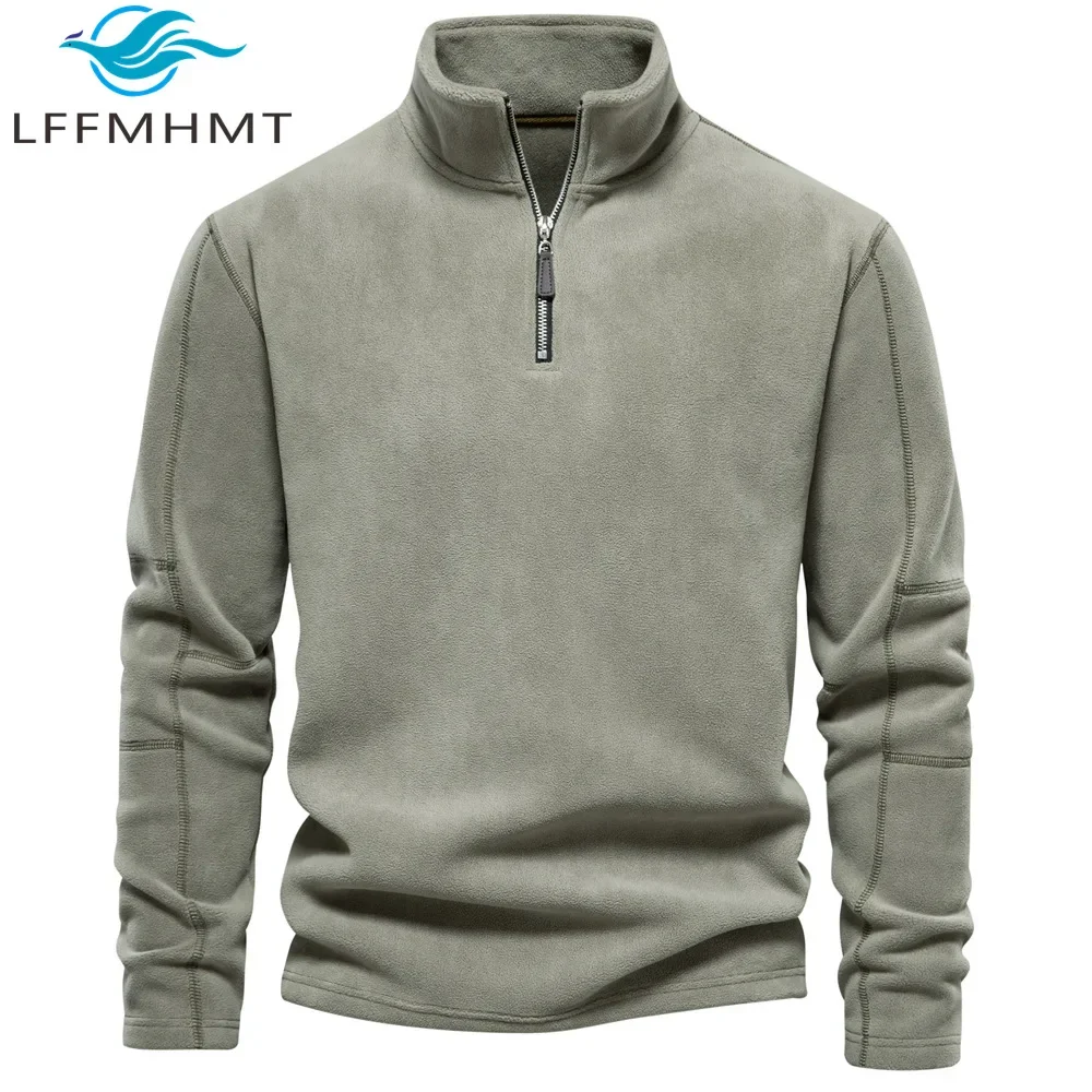 Winter Fall Men's Stand Collar Sweatshirt Solid Color Simple Long Sleeve Zip Collar Fashion Trendy Long Sleeve Fleece Warm Tops