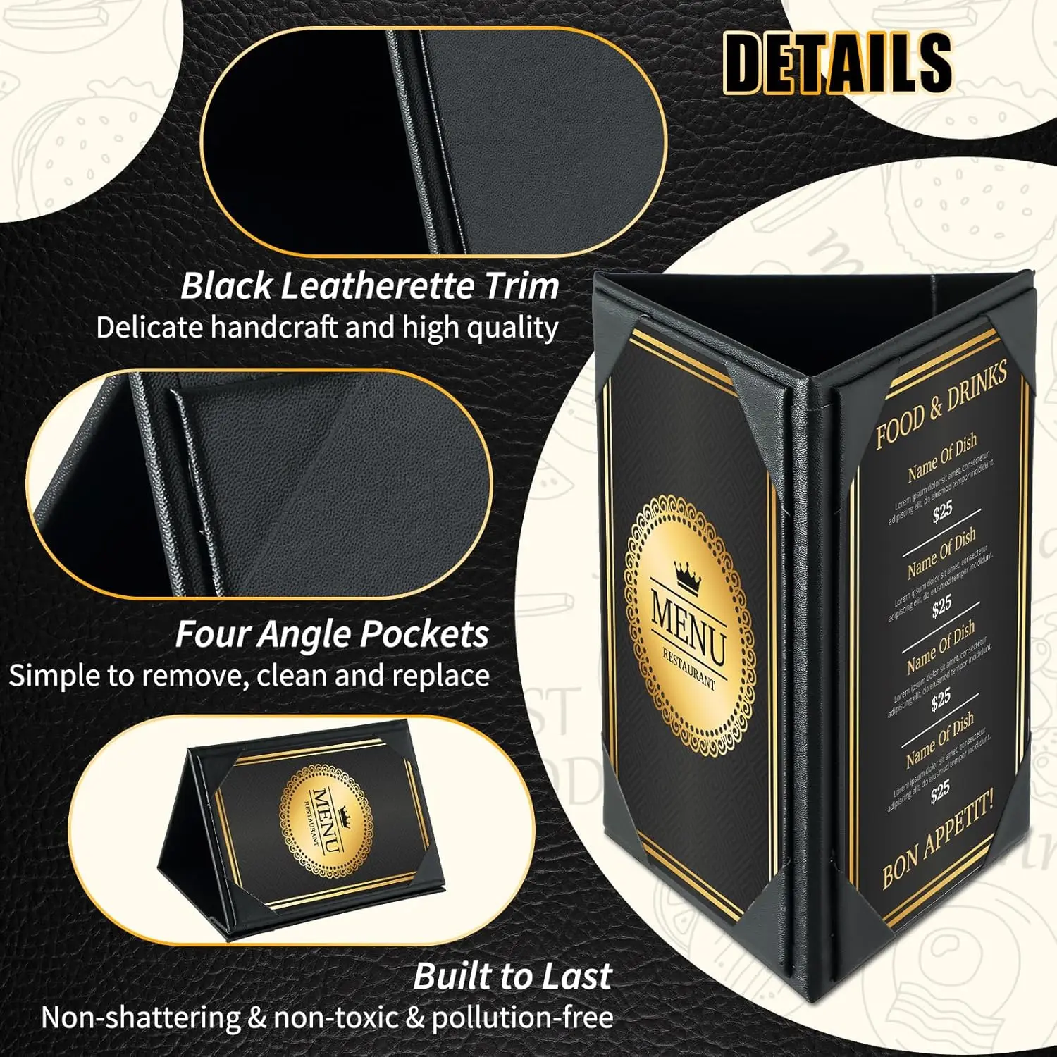 Table Tent Triangle Menu Holders 4"" X 6"", 30 Pack 3-Side Leatherette Picture Frames, Menu Cover With Angled Corners For